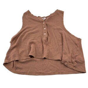 Aerie Women's XL Sleeveless Cropped Henley Tank Top Waffle knit Taupe Brown‎